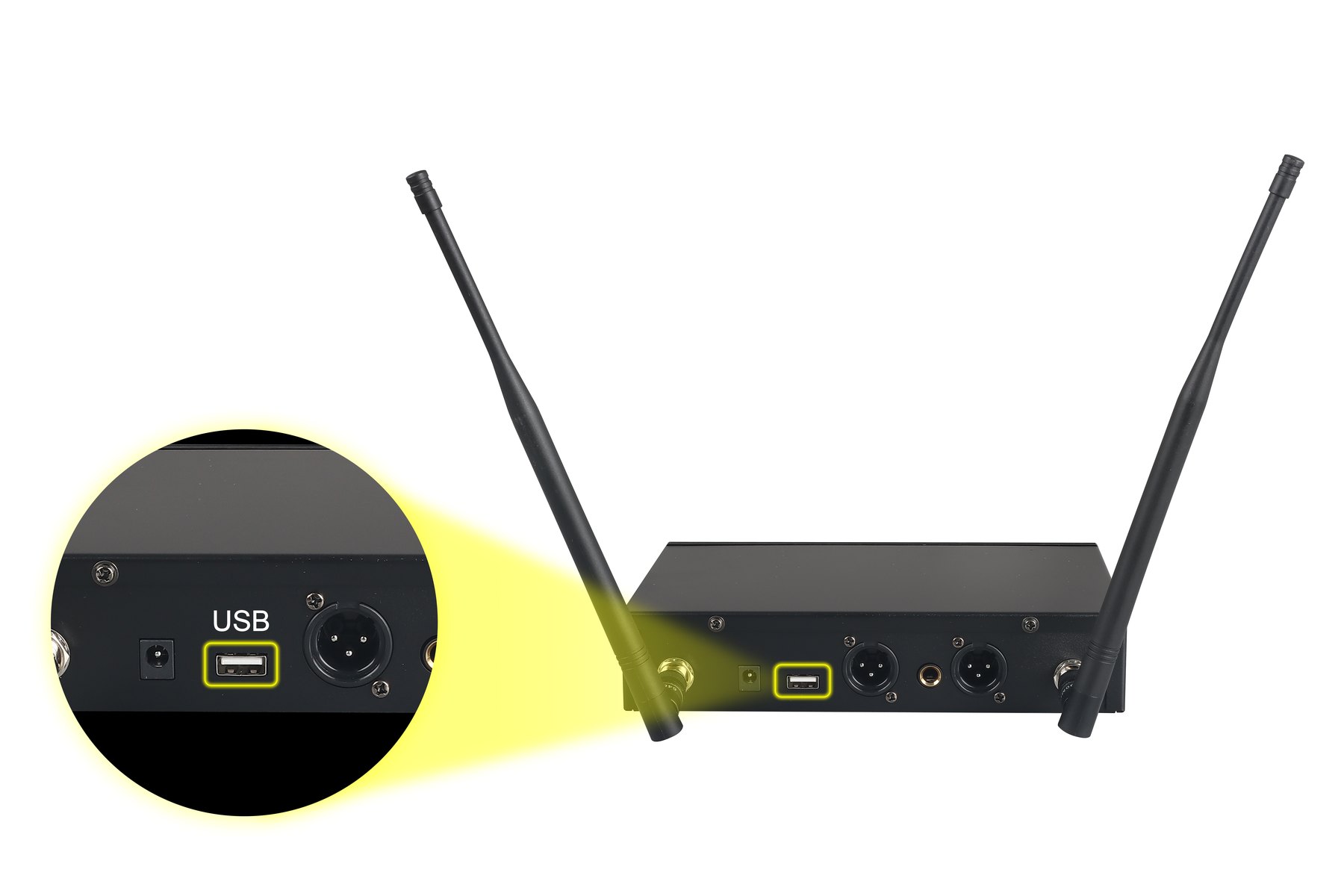 K-280 wireless receiver rear panel USB power balanced and unbalanced outputs