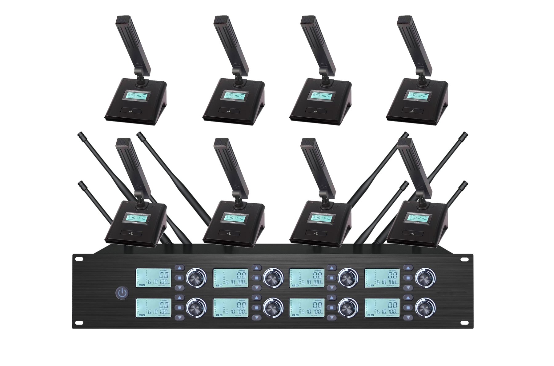 K-8780 eight channel receiver with eight desktop wireless conference transmitters