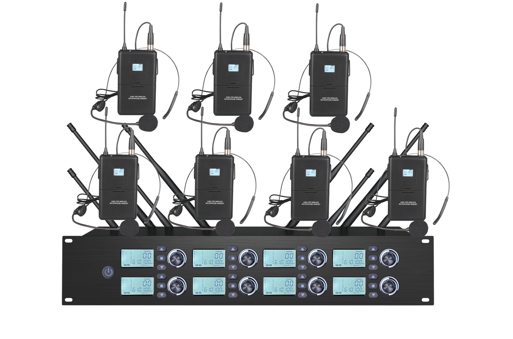 K-8780 eight channel receiver with eight bodypack headset microphones