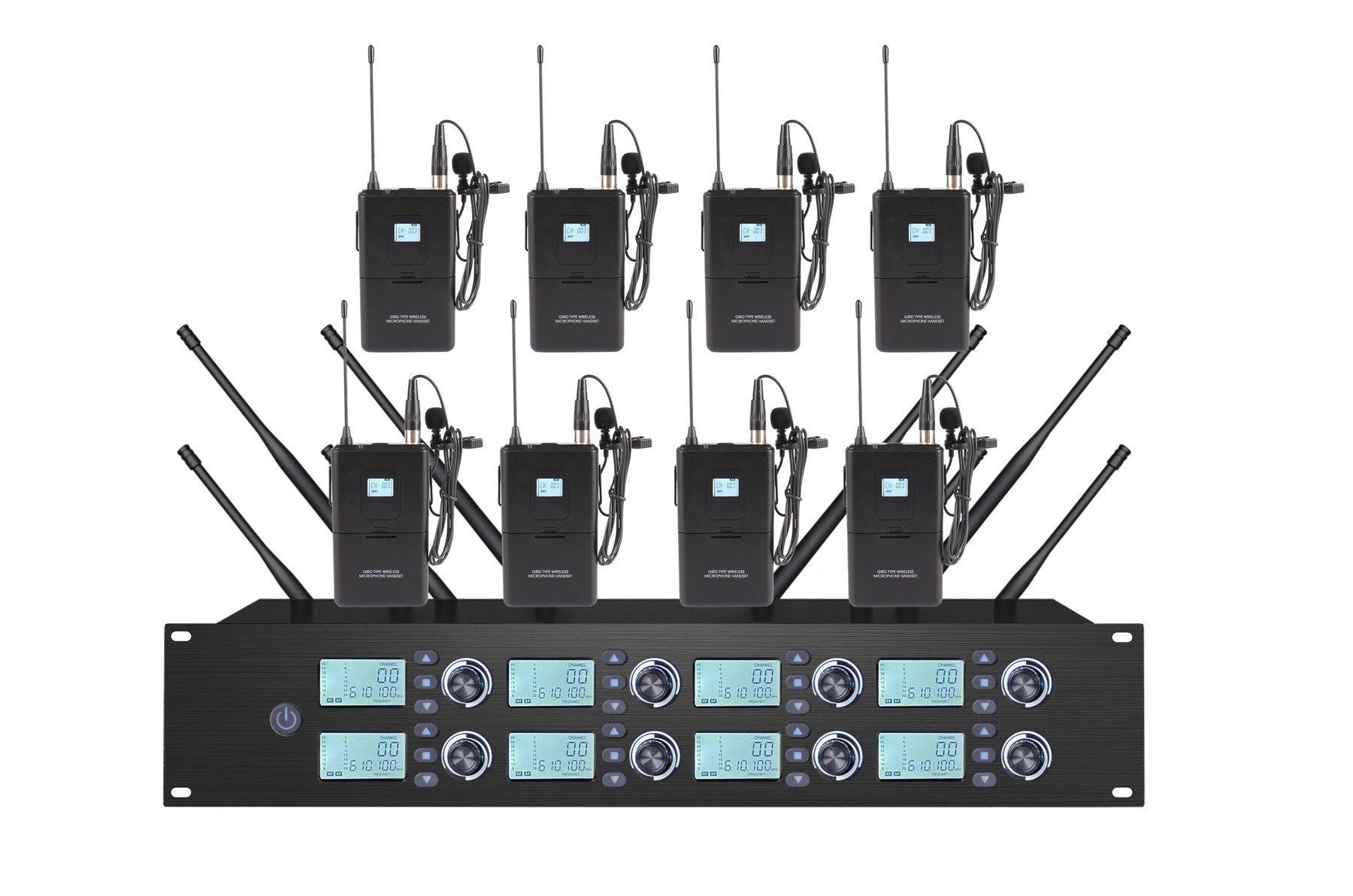 K-8780 eight channel receiver with eight bodypack lavalier transmitters