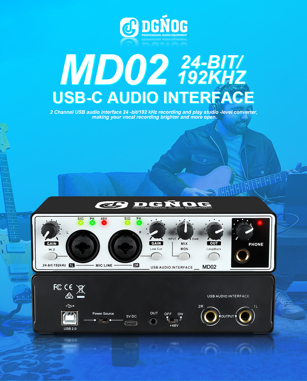 MD02 USB-C audio interface front and rear panel overview