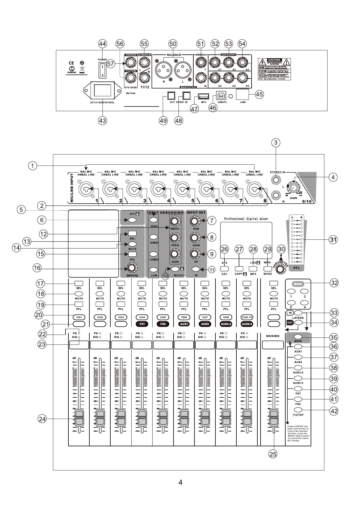 MX8812 digital mixer control surface and connection layout diagram