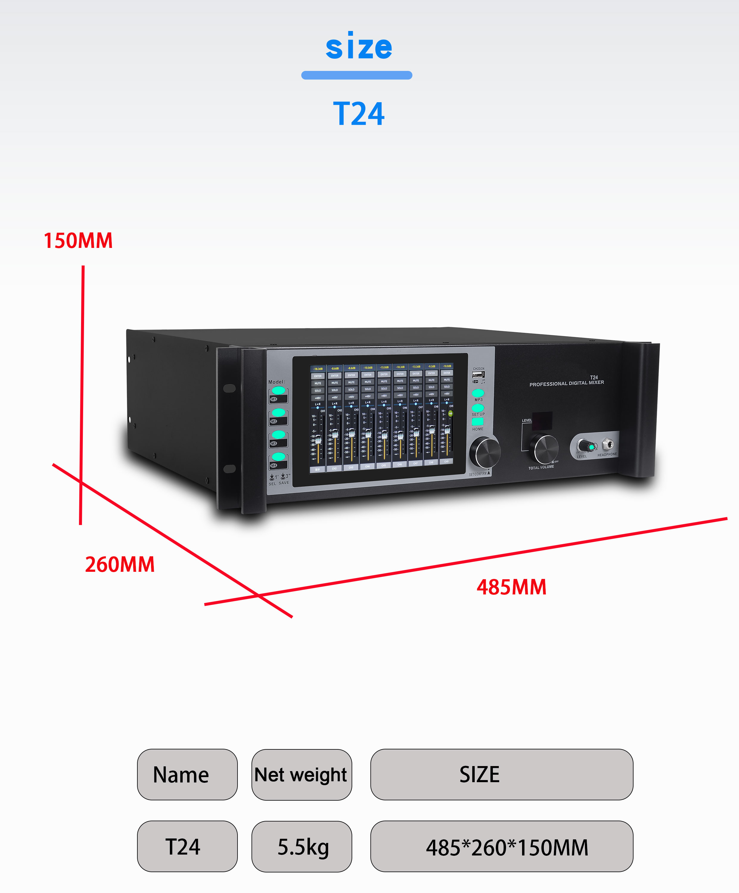 T24 rackmount digital mixer dimensions 485 by 260 by 150 millimetres