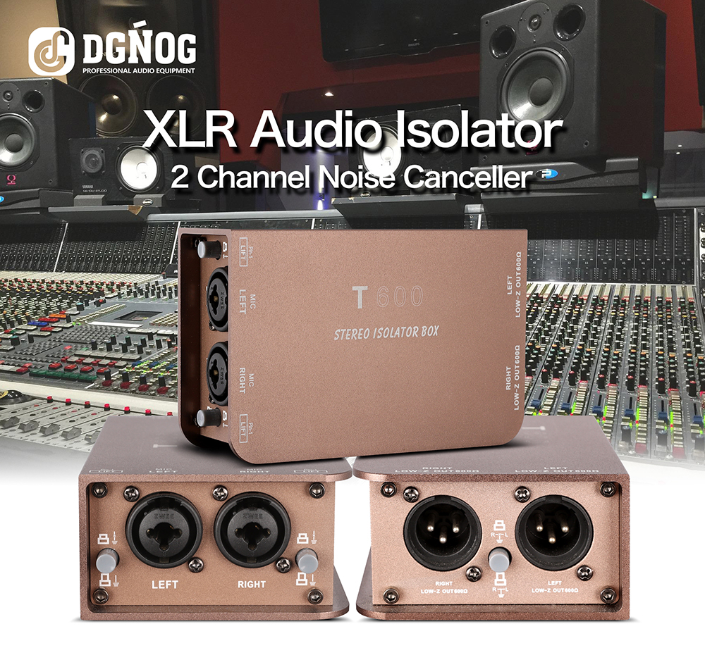 T600 two-channel XLR stereo audio isolator front rear and top views