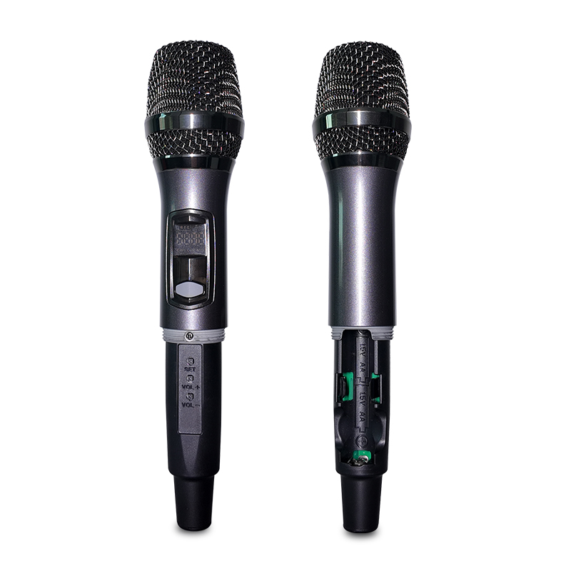YX-128 wireless handheld microphone display controls and battery compartment detail