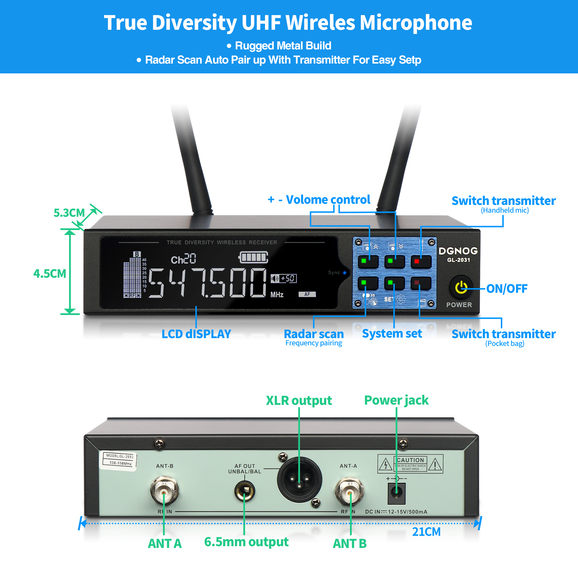 ELEGAUDIO GL-2031 single-channel true-diversity uhf wireless microphone system