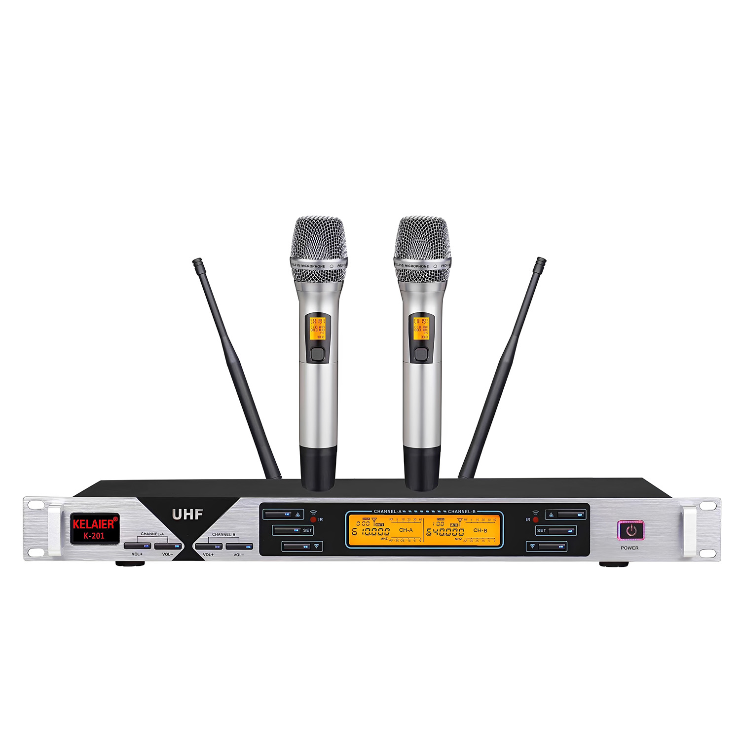K-201 KELAIER-branded OEM sample dual-channel true-diversity uhf wireless microphone system