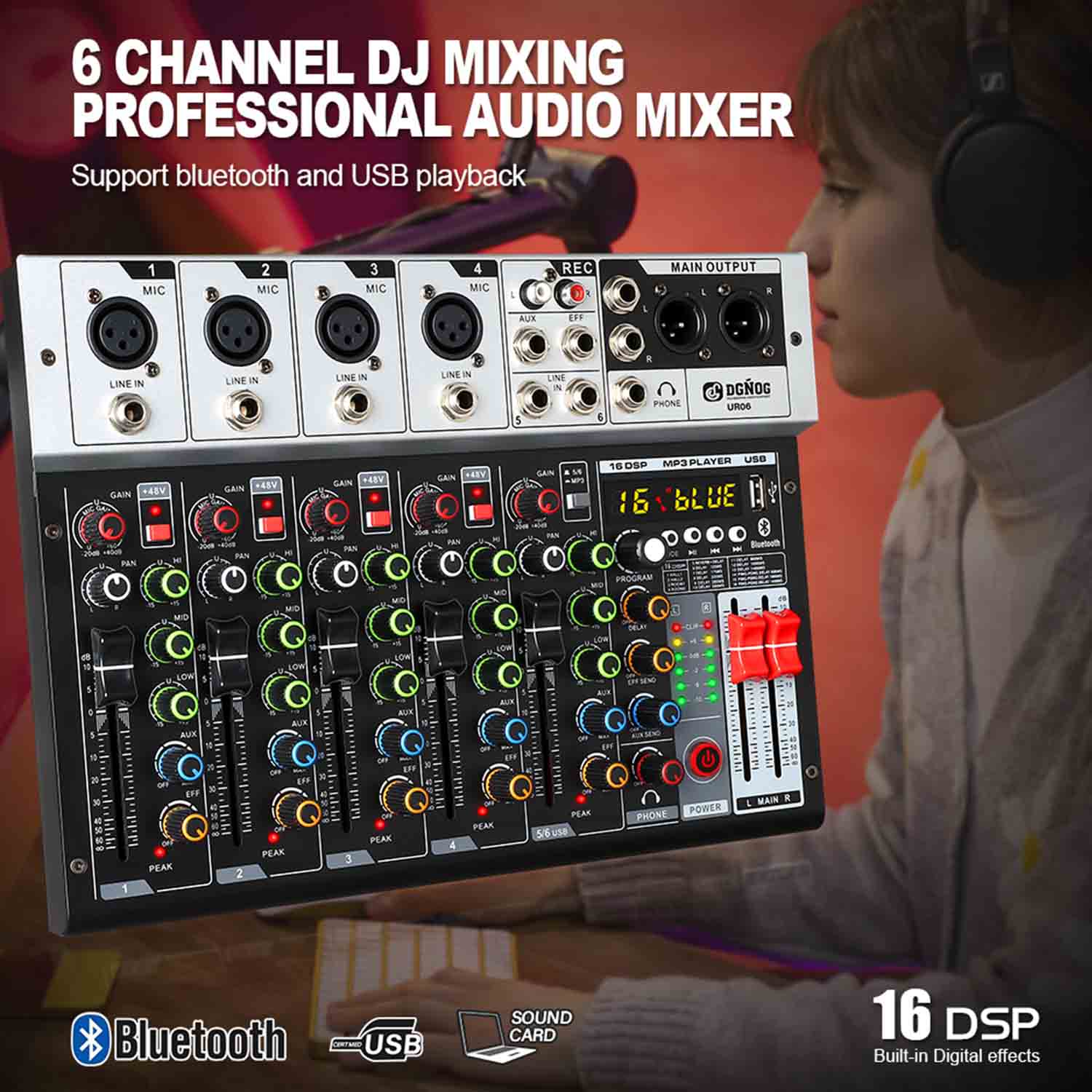ELEGAUDIO UR06 6-channel USB Type-C audio mixer view 3