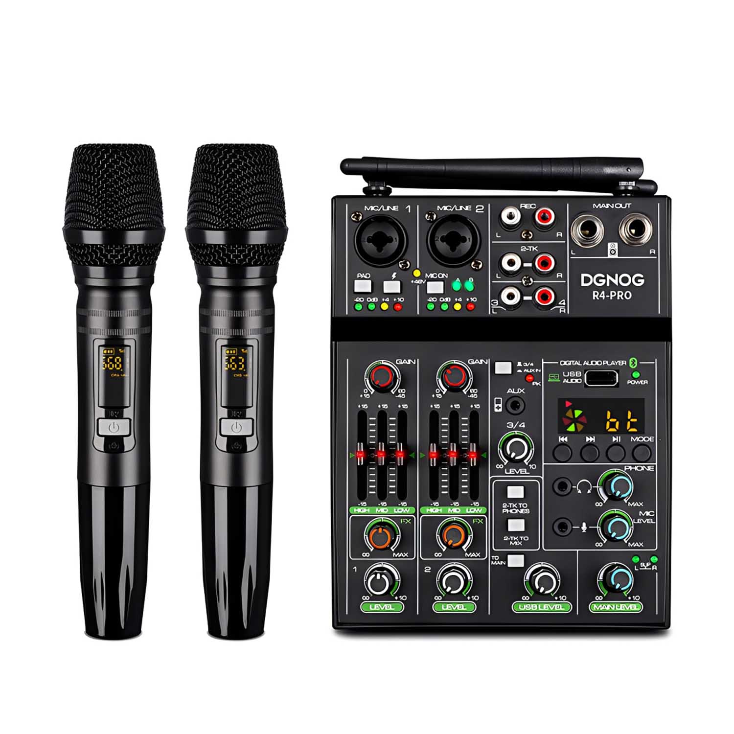 R4-PRO mixer with dual wireless microphones view 1