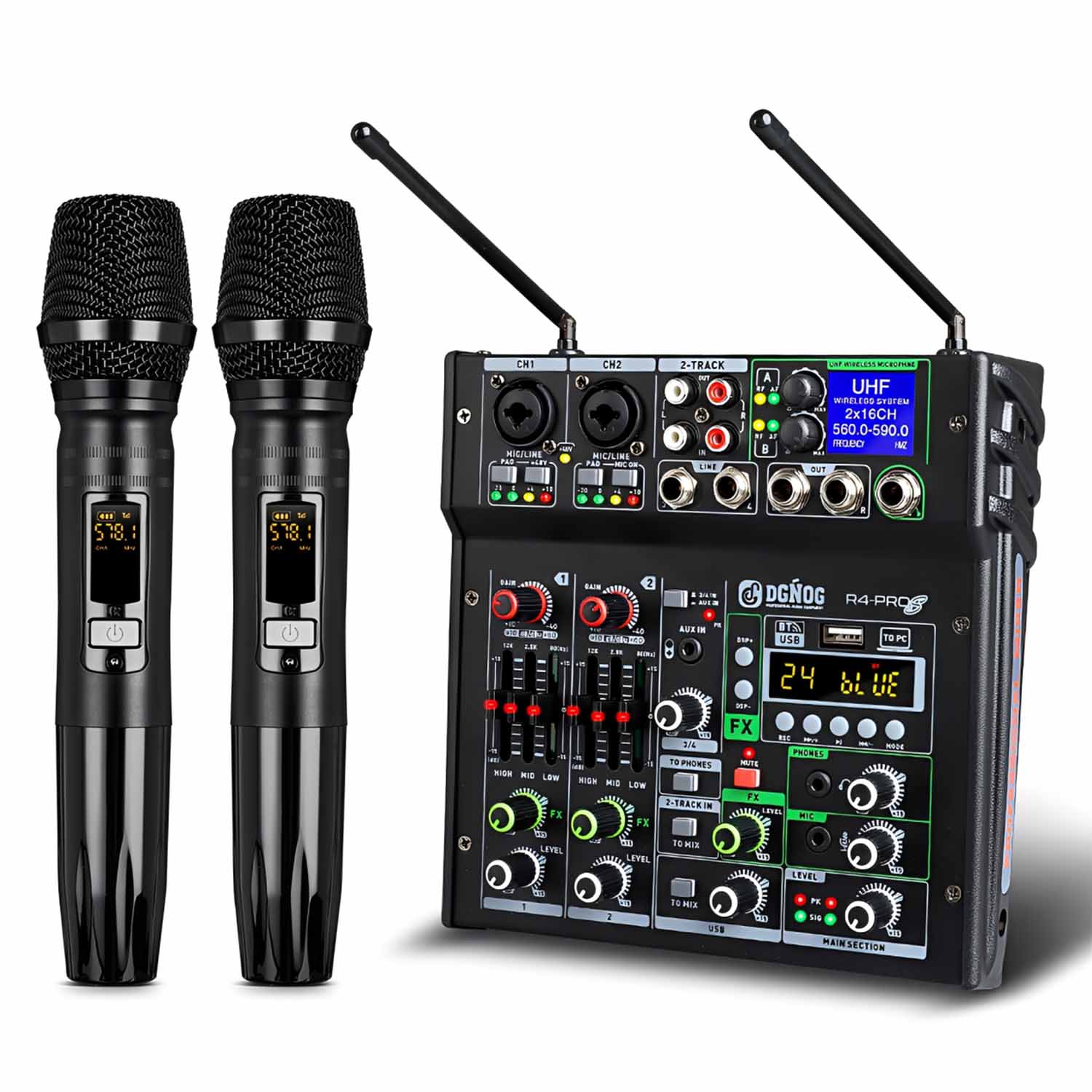 R4-PRO S mixer with dual wireless microphones view 1