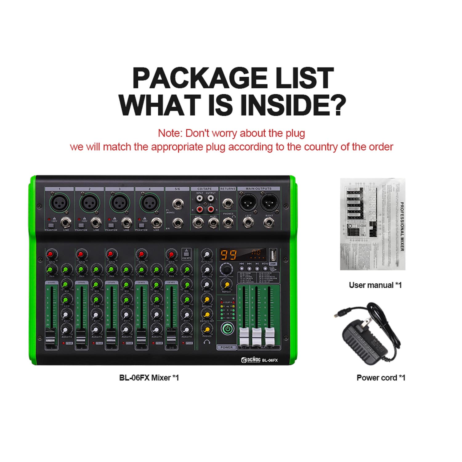 BL-06FX six channel professional mixing console view 5
