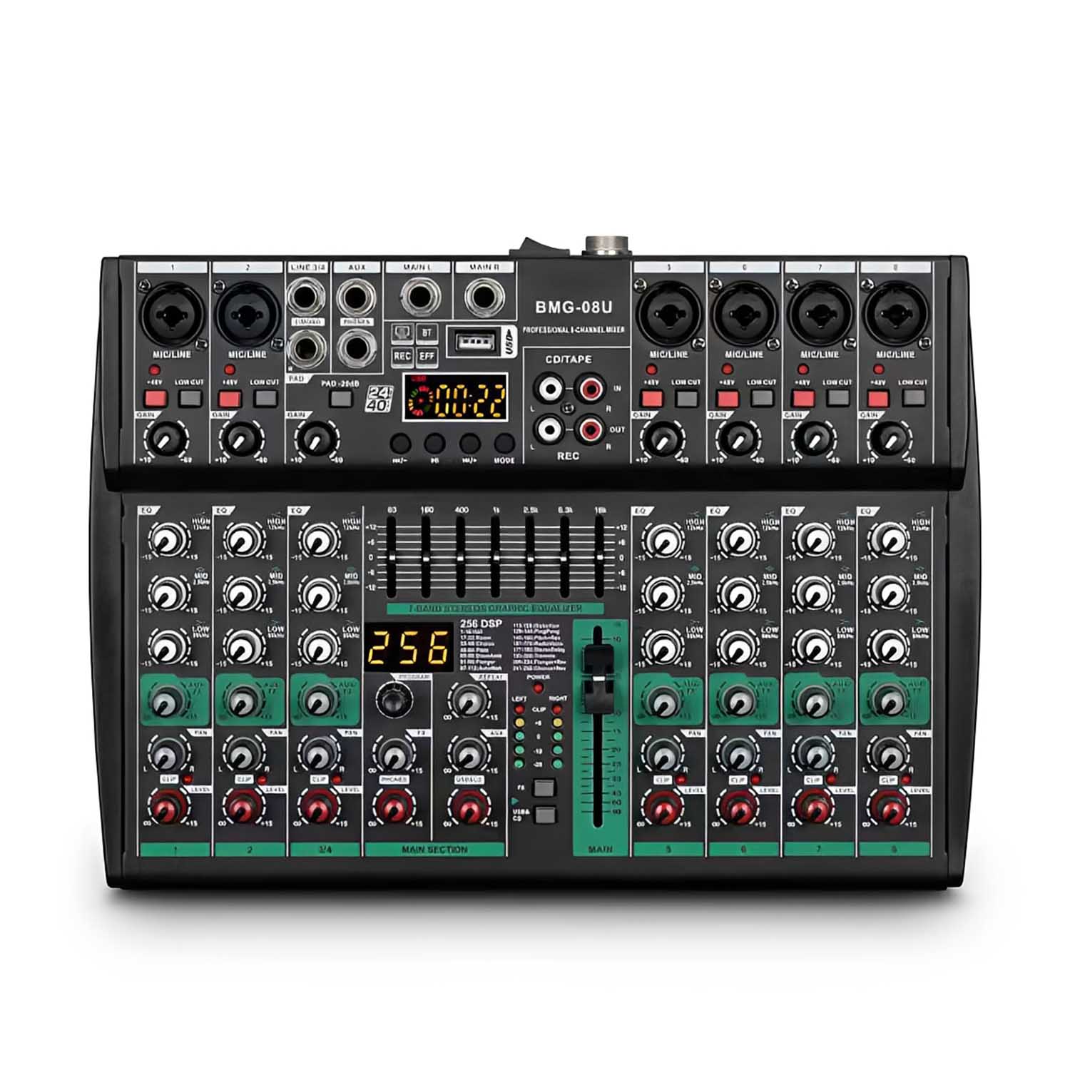 BMG-08U professional analog USB mixing console view 1