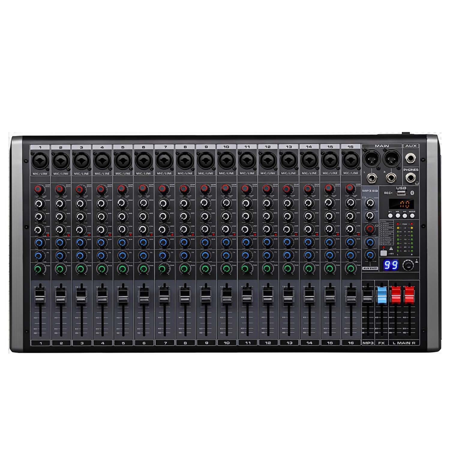 Q-16 sixteen channel professional mixing console view 1