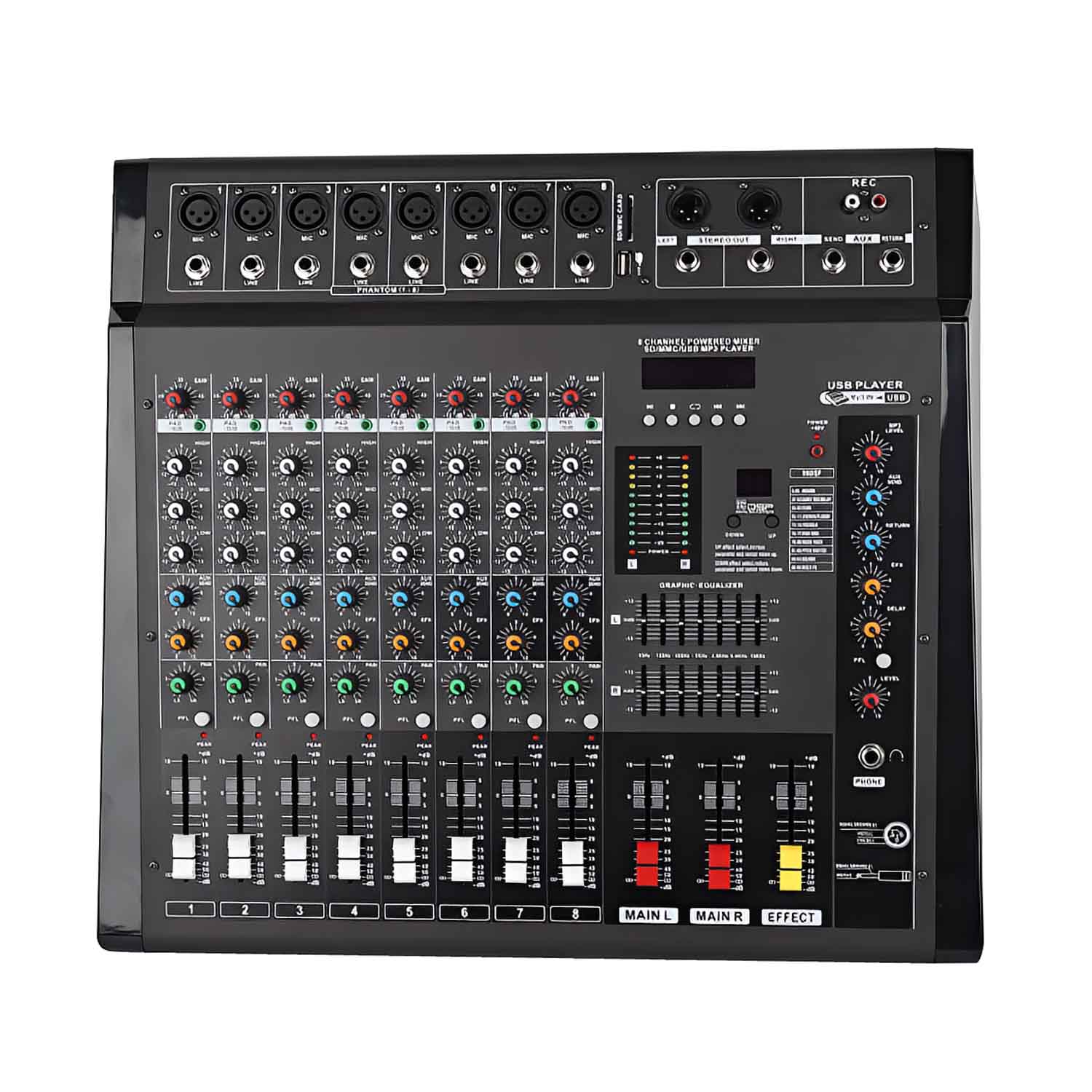 PMX-1608D professional powered mixing console view 1