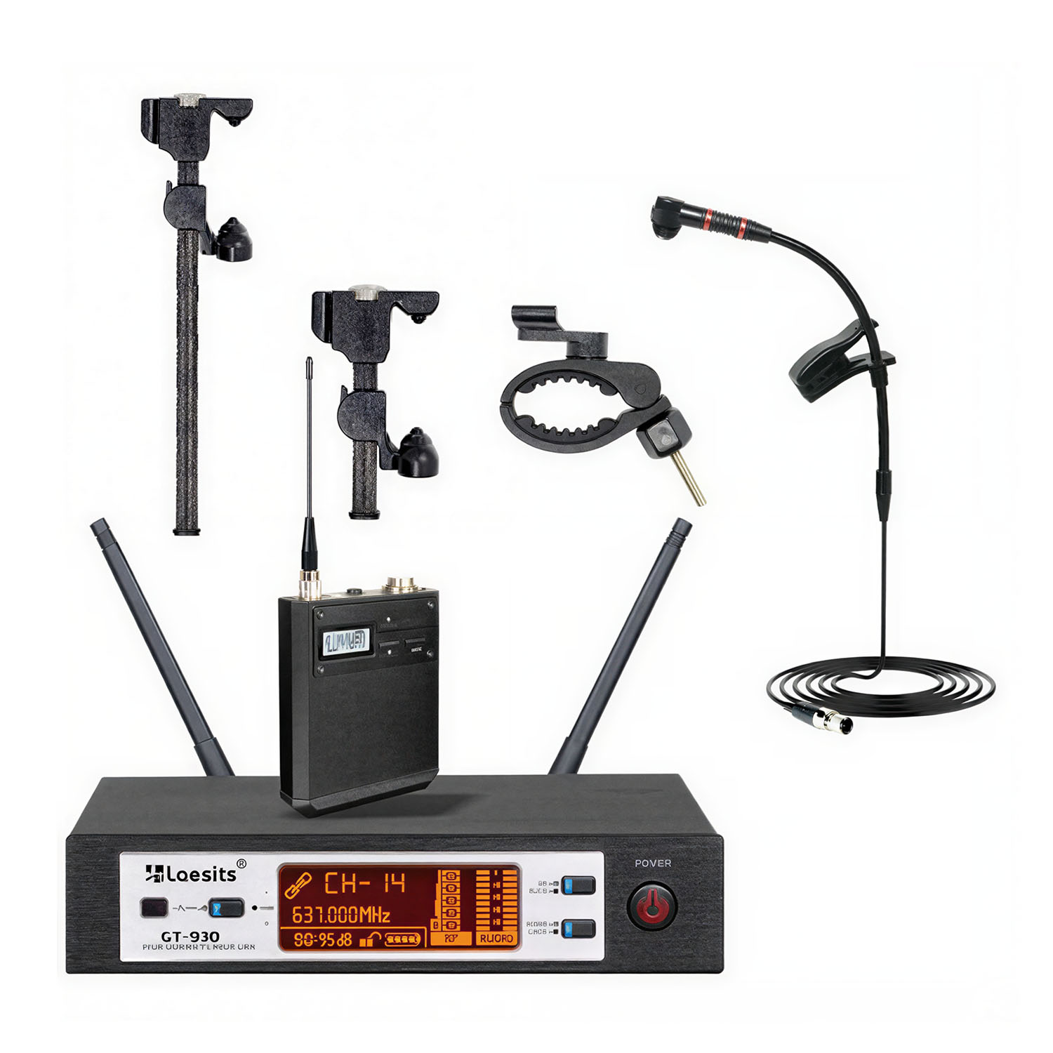 GT-930 s163d microphone with four interchangeable clips wireless instrument system view 1